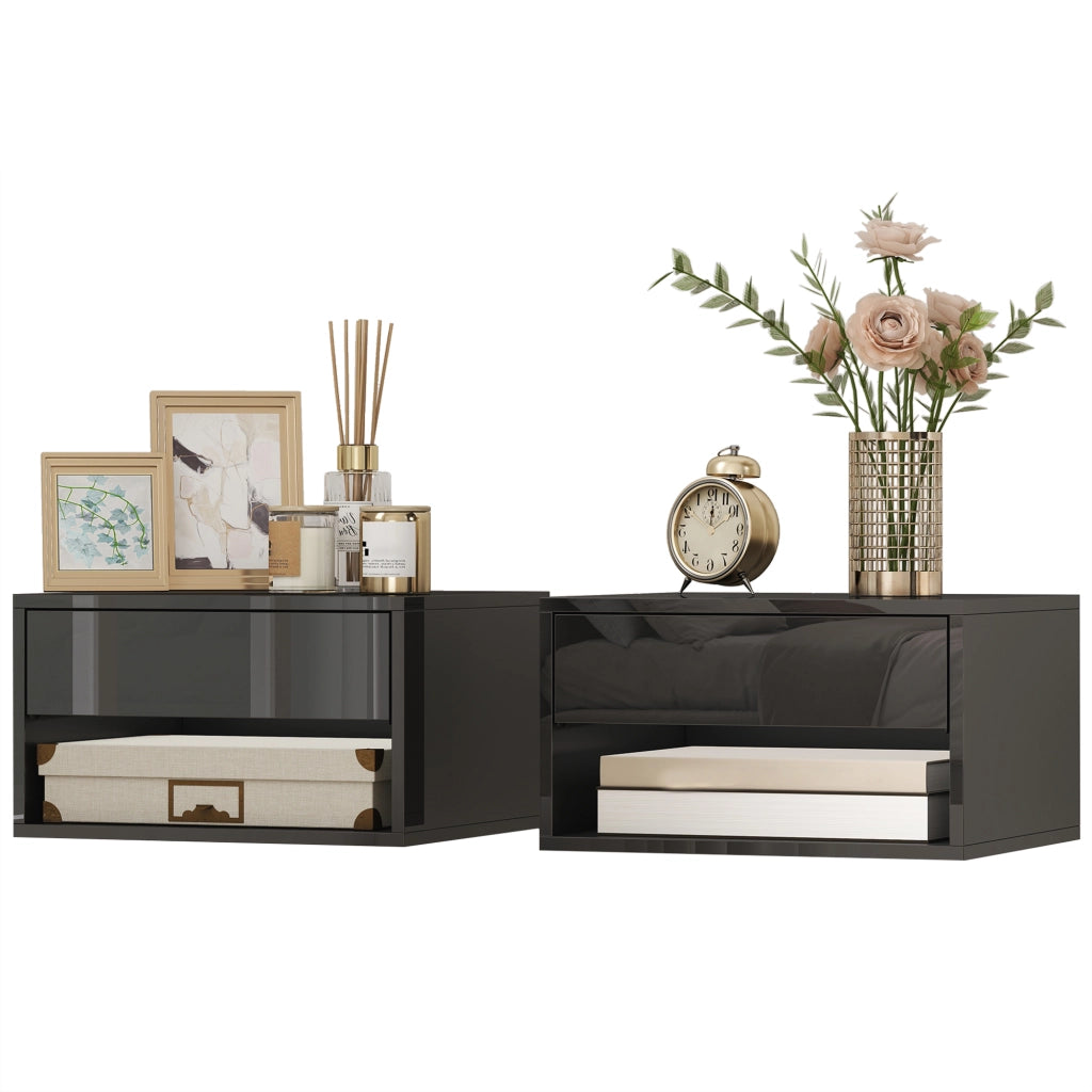 Comodino Flottante con Cassetto ¨C Minimal ¨C Nero Lucido 37x32x21 cm