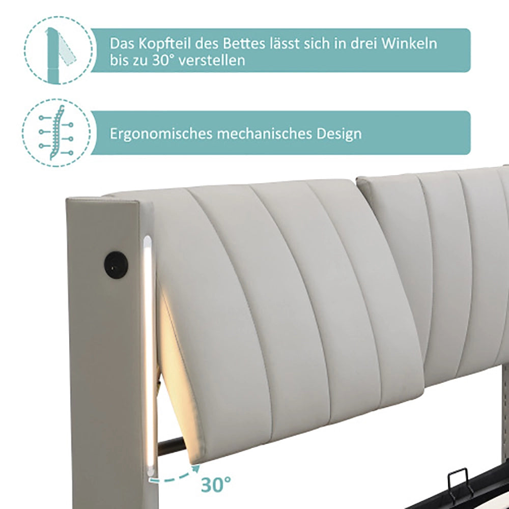 Letto imbottito LED con testiera regolabile - Xylo - 160x200 cm - Grigio - Alimentazione USB e idraulico