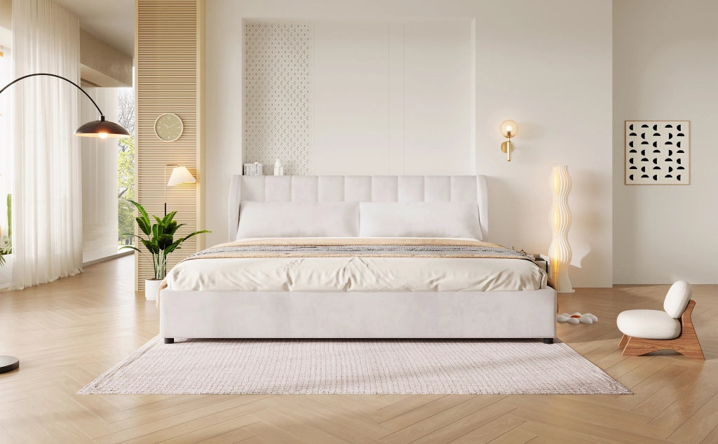 DESMIU Letto matrimoniale 180 × 200 cm 2 posti con testiera imbottita, 2 cuscini, senza materasso, beige
