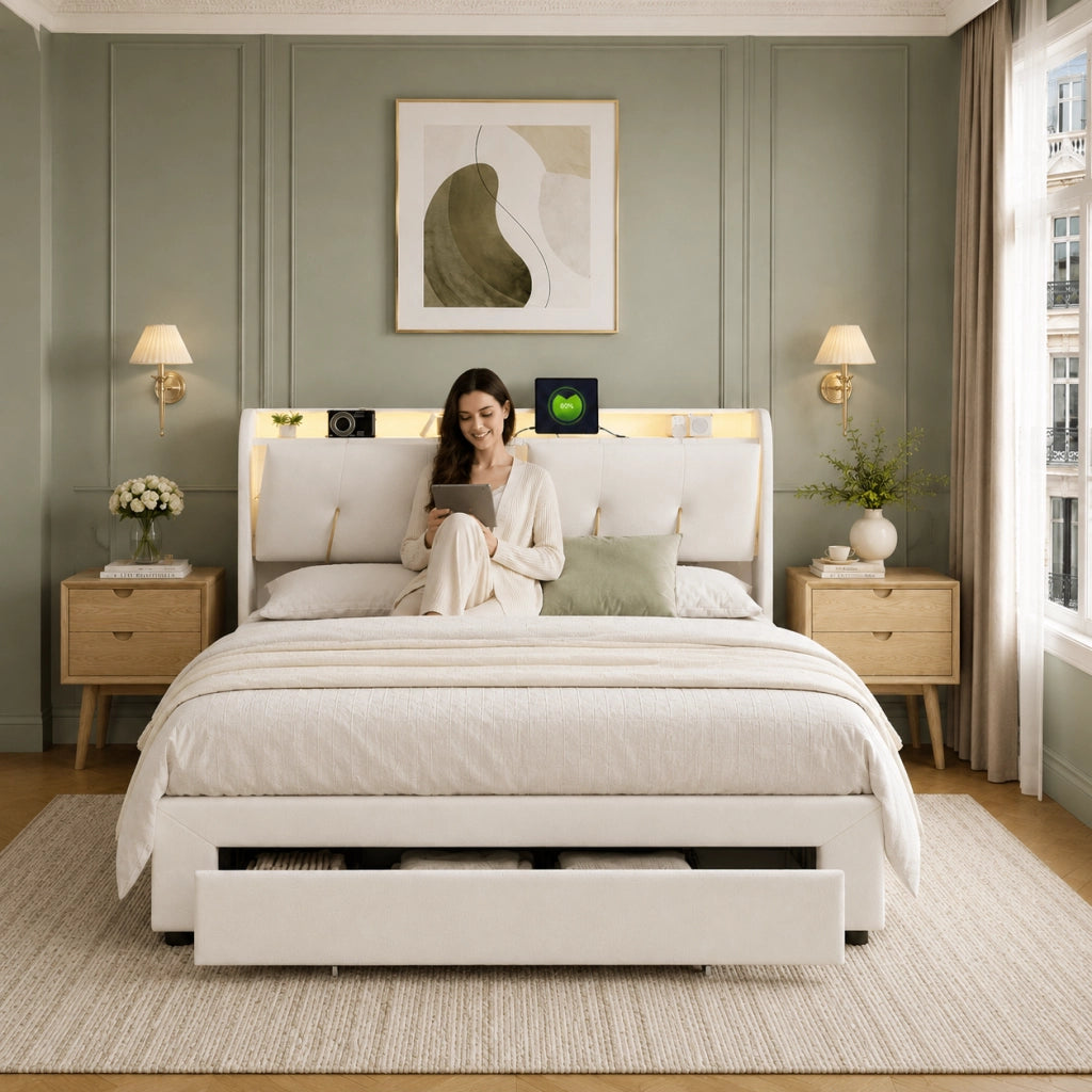 Letto Matrimoniale 140x200 Imbottito in Velluto Bianco, Letto Contenitore con Testiera a Scomparti, LED RGB, USB-C, Cassetto Sottoletto Salvaspazio, Rete a Doghe