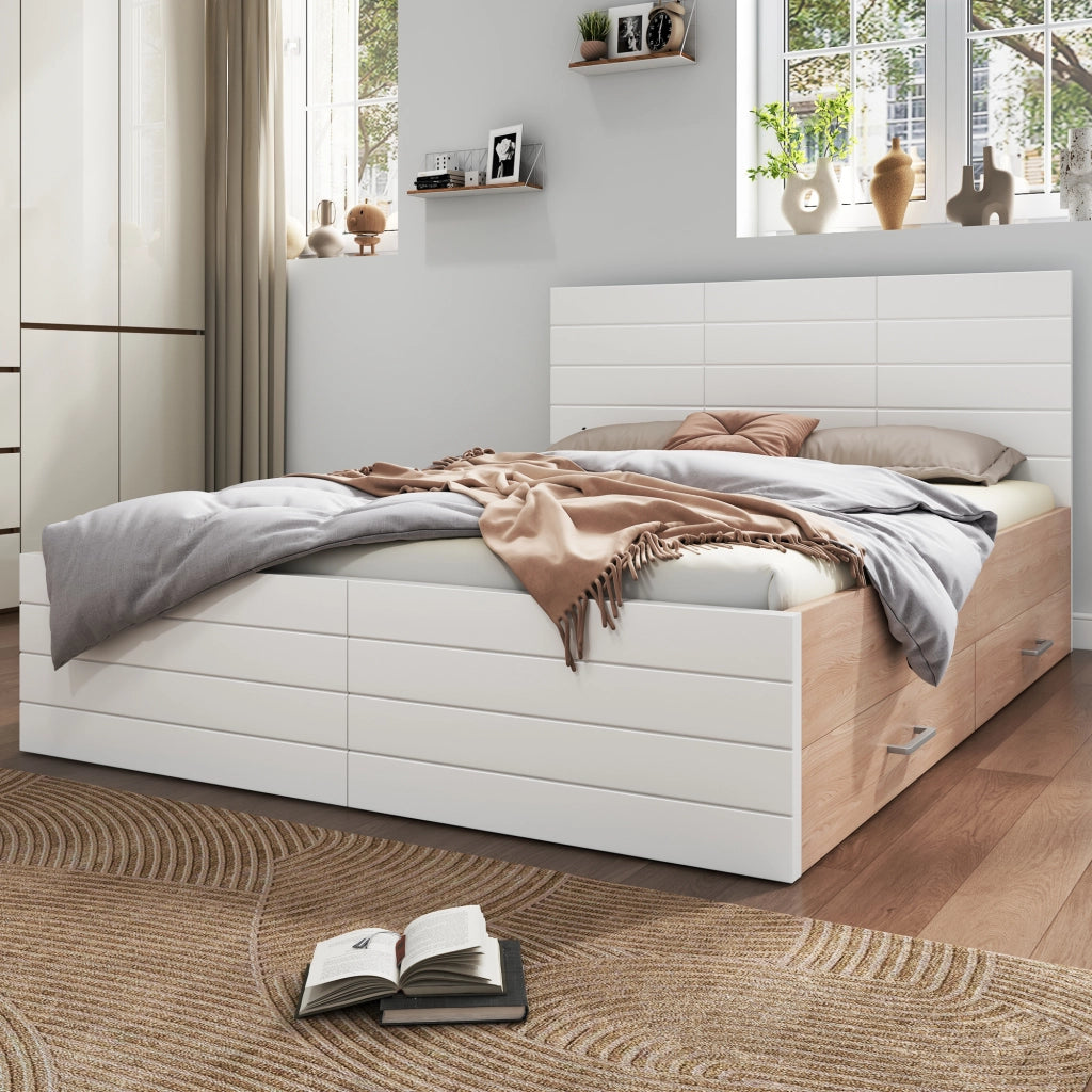 OKWISH Letto con Cassetti 140×200 cm, Letto Matrimoniale con 2 Cassetti e Ampio Spazio Contenitore, senza Materasso, in Legno Massello e MDF, Bianco e Rovere