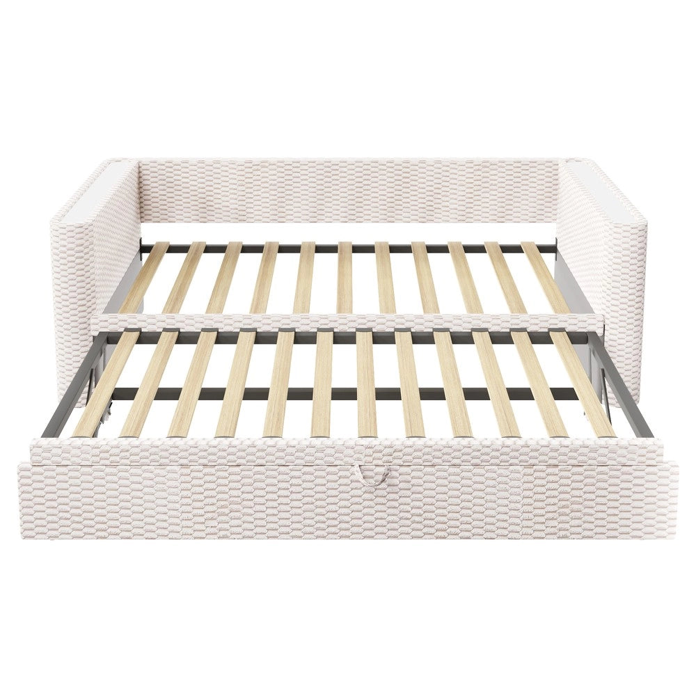 Letto di Giorno Estraibile con LED ¨C MINIMAL ¨C Velluto Beige, 90x200 / 180x200, Rete a Doghe