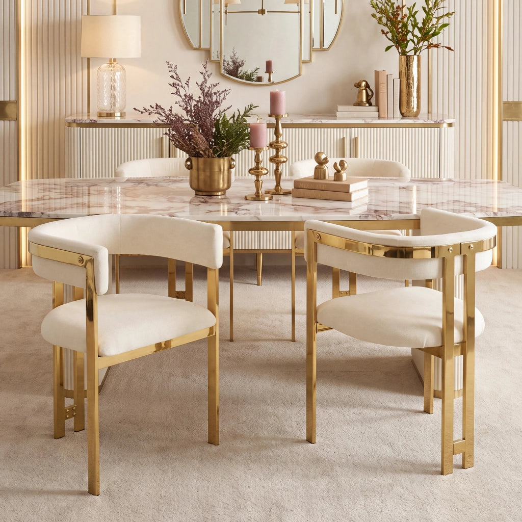 Sedia da Pranzo Set da 6 con Schienale Semicircolare e Struttura in Metallo, in Ciniglia Beige e Oro