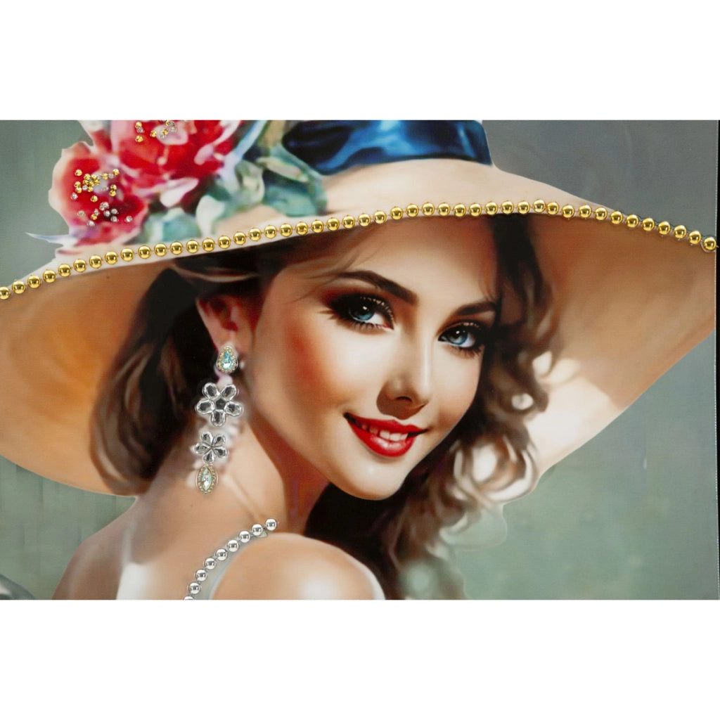 Dipinto su tela Elegant A dama con cappello e pochette rossa, 52x152 cm