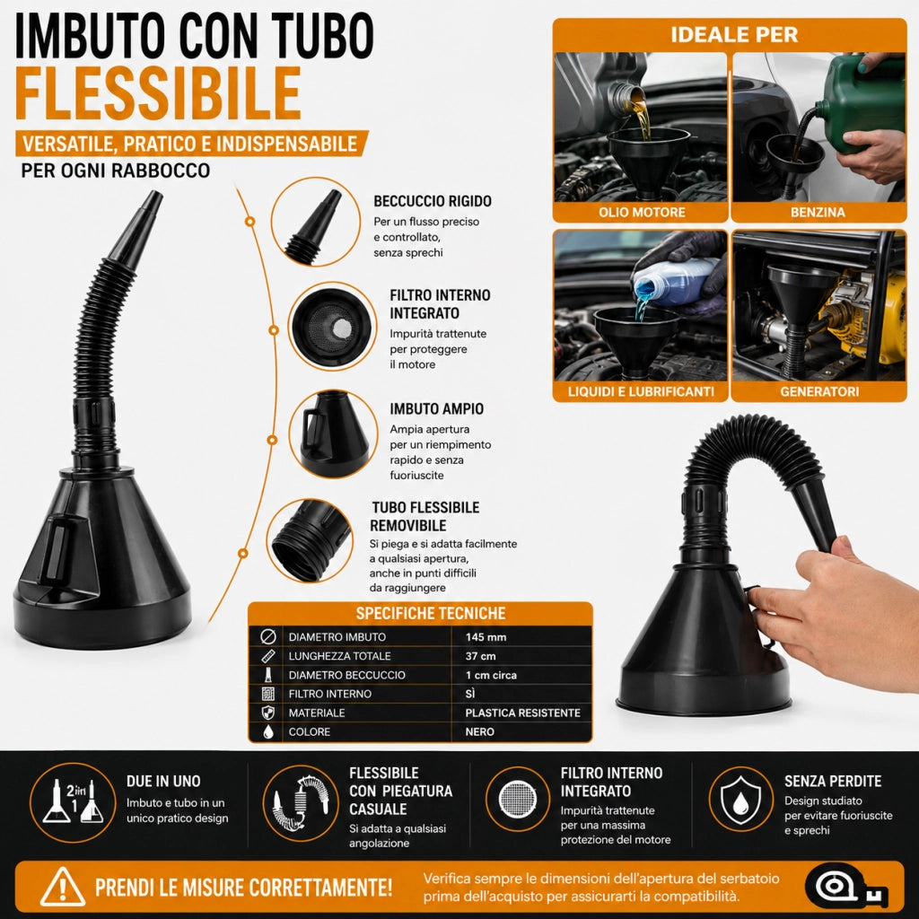 Imbuto con Filtro e Tubo Flessibile per Carburante Benzina Olio Acaqua Vino