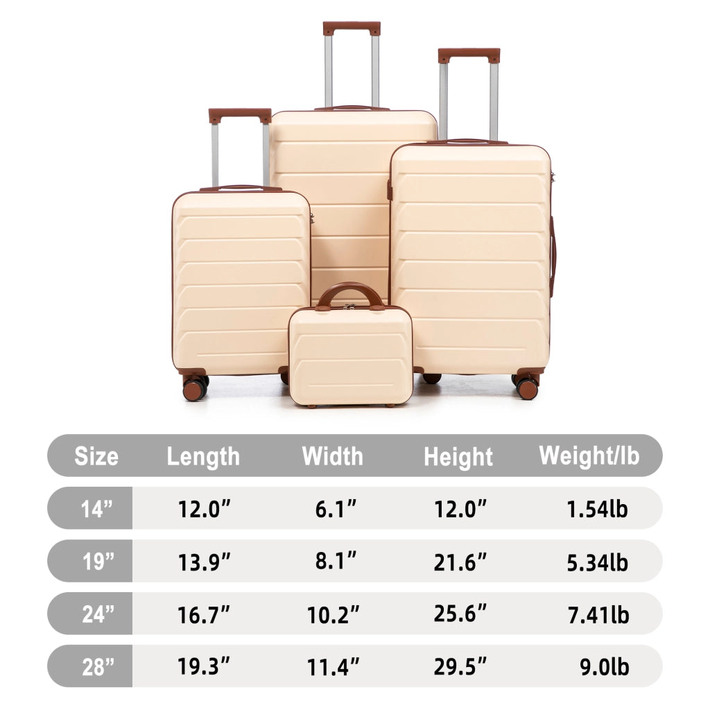 Set di 4 valigie rigide con ruote girevoli a 360 gradi e manico telescopico a 3 livelli in ABS beige con beauty case