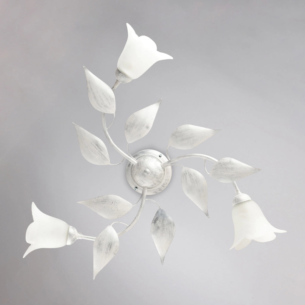 Plafoniera Olga 3 Luci Bianco Argento Ferro Battuto Vetro BeLight
