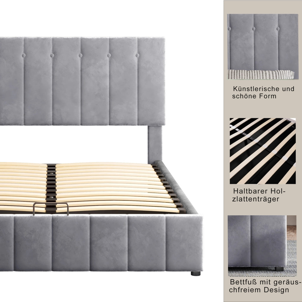 DESMIU Letto matrimoniale 140 × 200 cm con contenitore idraulico, 2 posti, senza materasso, in velluto, grigio
