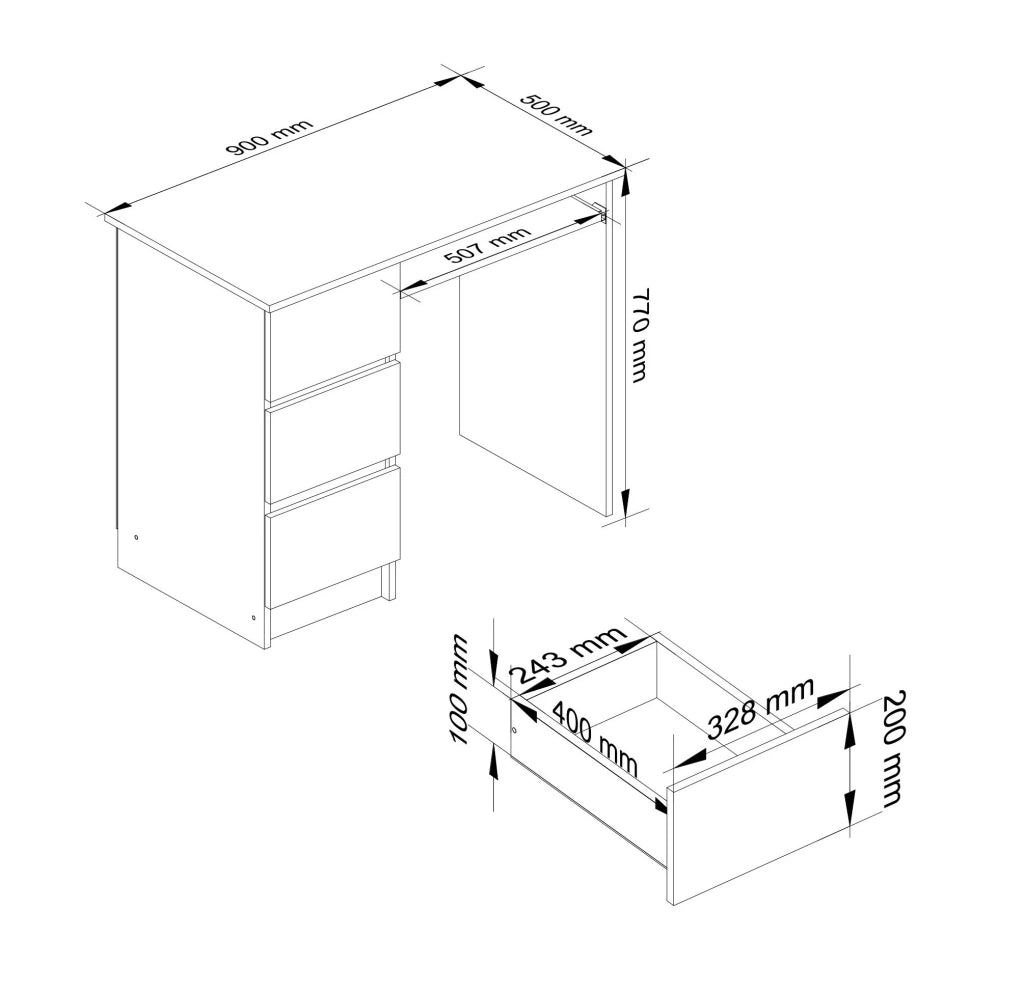 Scrivania per computer AKORD A6 Bianco 90 cm 3 cassetti inserto frontale Sonoma Quercia 90x50x77 cm Modello a sinistra