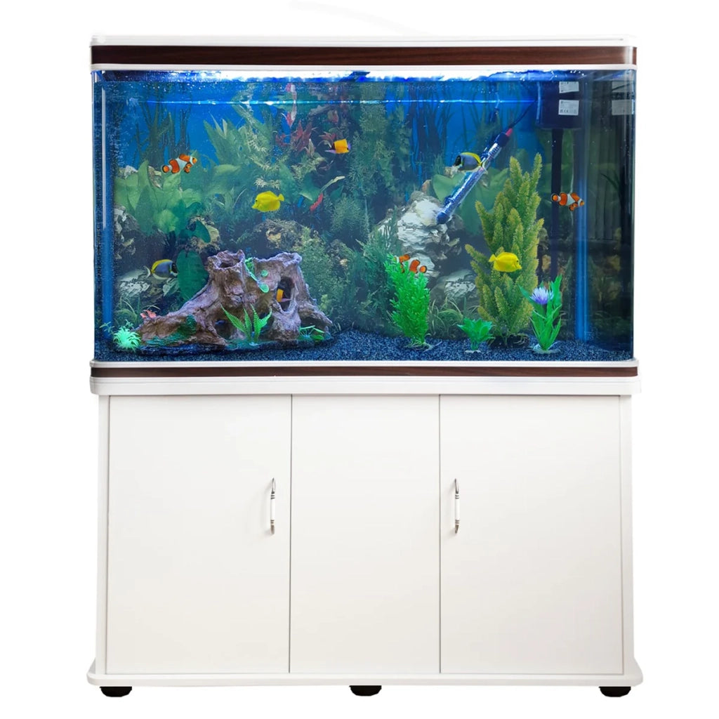 Acquario 300 Litri con Armadietto Bianco e Kit con Fondale, Piante e Ghiaia Blu