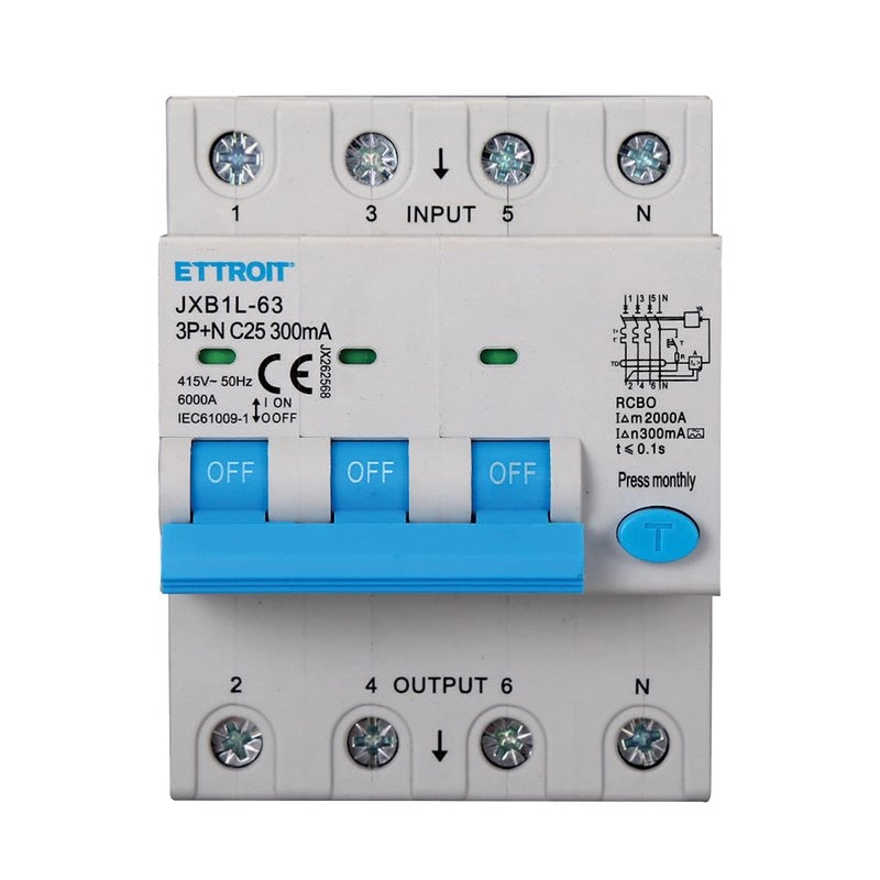 RCBO Interruttore Magnetotermico Differenziale Tipo A Curva C 3P+N 4M 6000A 300mA C25A AC 400V IP20 IEC61009-1