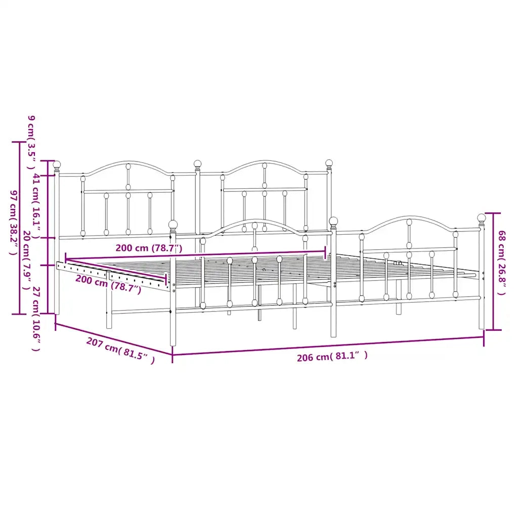 Letto matrimoniale | Letto per adulti | Giroletto con Testiera e Pediera Metallo Bianco 200x200 cm
