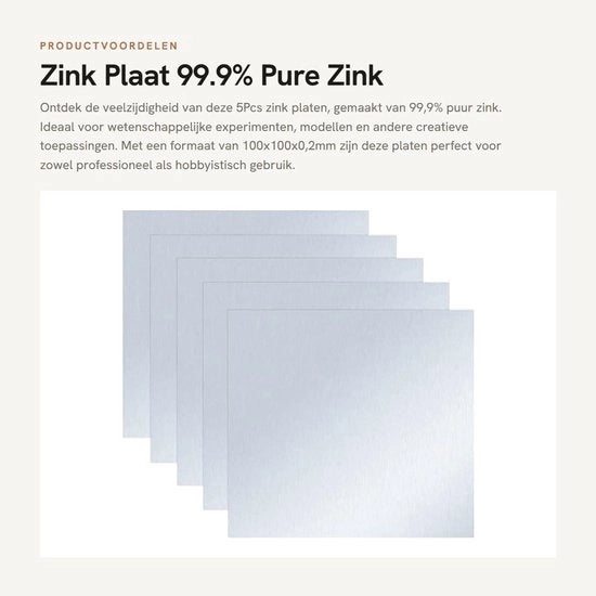 Pannelli di Zinco - 99,9% Puro - Ideali per Uso Scientifico - 100x100x0,2mm - Foglio Metallico di Alta Qualità - Set da 5 Pannelli