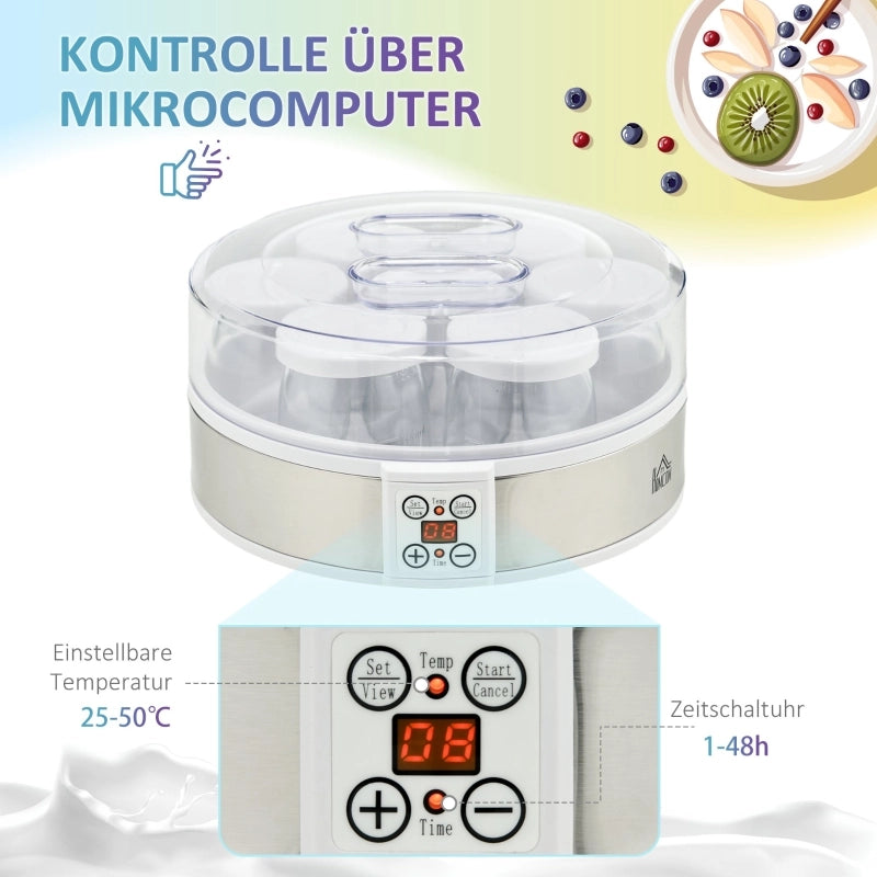 Yogurtiera, con 7 vasetti inclusi, in acciaio inox, 24 cm x 24 cm x 13 cm, argento + bianco