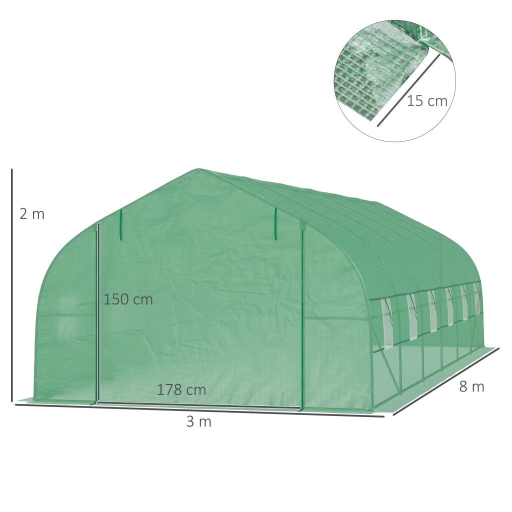 Serra tunnel da giardino ¨C Xylo ¨C 8x3x2m, telaio acciaio, 12 finestre, verde