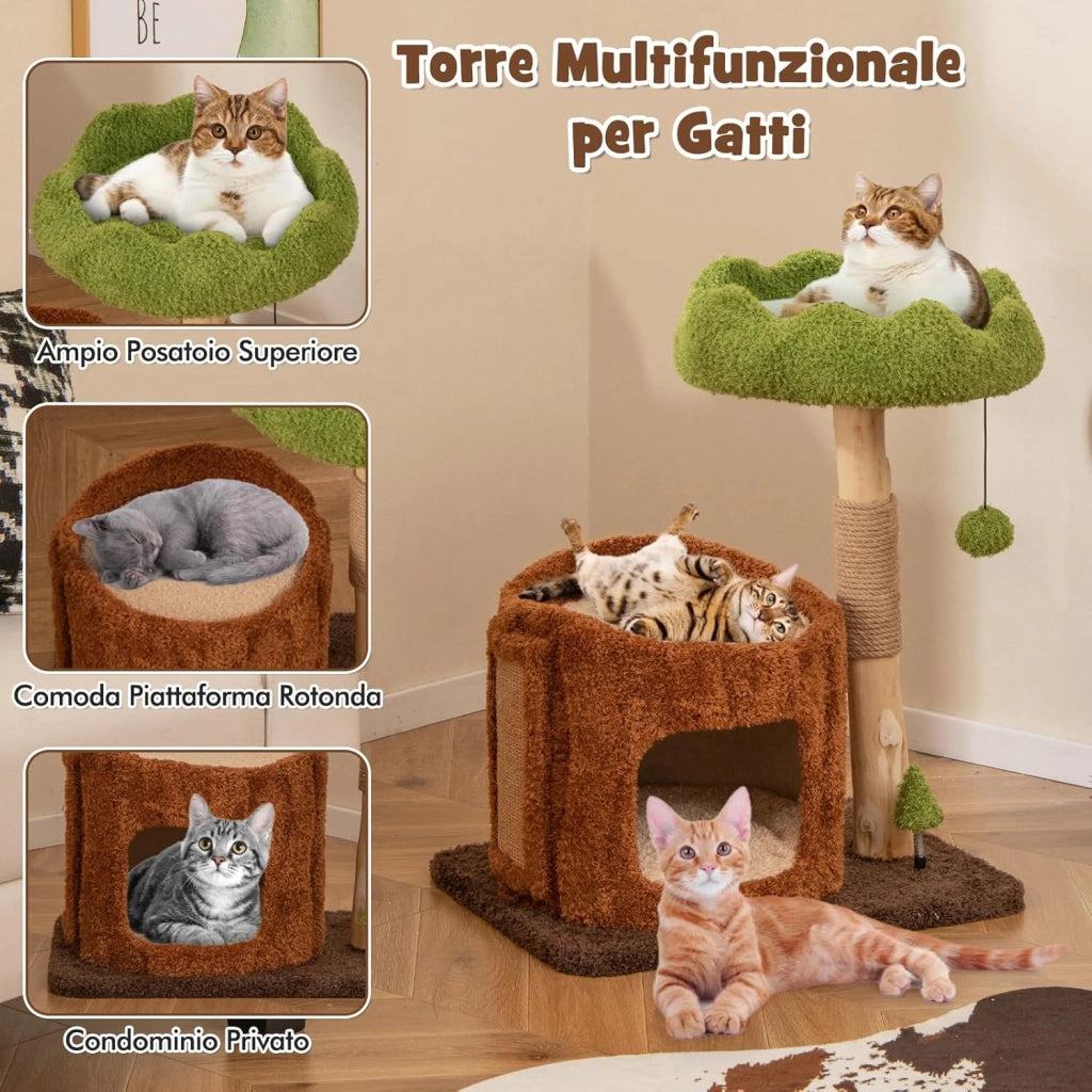 Tiragraffi a Forma di Albero per Gatti 73cm, Albero per Animali Domestici con Pali per Graffiare, Trespolo Superiore e Piattaforma Rotonda Ampia, Torre Moderno Interno, Marrone e Verde