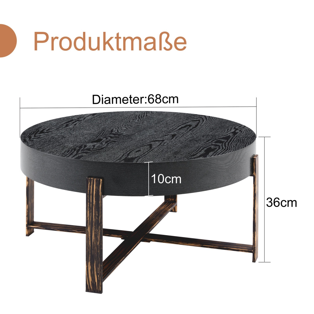 Tavolino rotondo da salotto 68 cm in stile industriale vintage, piano MDF nero effetto legno e base in metallo
