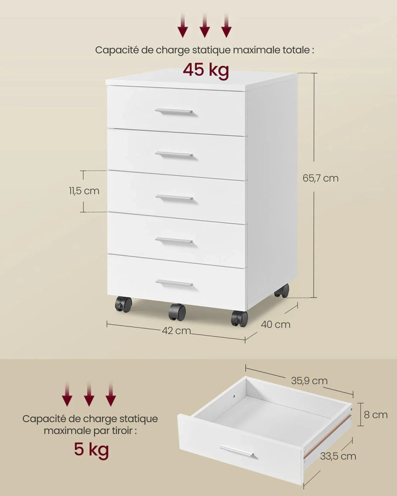 Cassettiera per ufficio su ruote unità di archiviazione 40 x 42 x 65,7 cm supporto per stampante con 5 cassetti guide scorrevoli per ufficio domestico bianco 12_0004809