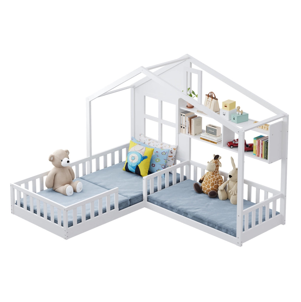 Letto per bambini a casetta con LED; mensole e sponde di sicurezza; 90x200 cm; bianco