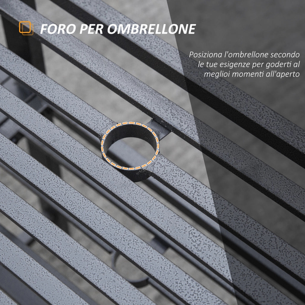 Panchina da Giardino Moderna 2 Posti con Tavolino e Foro per Ombrellone Arredamento da Esterno 165x56x85.5cm Nero