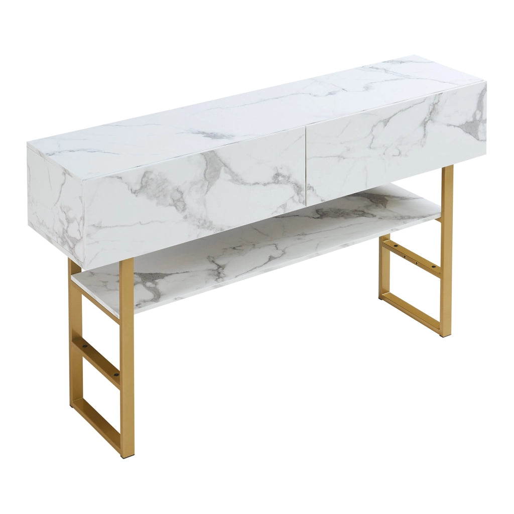 Tavolo Consolle Varberg con Cassetti e Ripiano 75 x 120 x 30 cm - Effetto Marmo Bianco [en.casa]