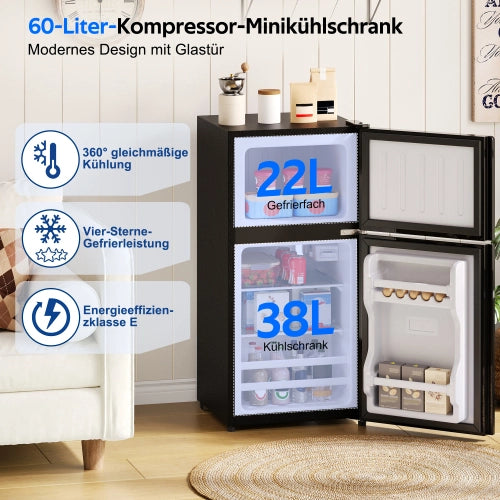 Mini frigorifero con congelatore; indipendente; volume totale 60L; congelatore da 22L; porta in vetro; illuminazione LED; basso rumore; scaffali rimovibili in vetro; nero