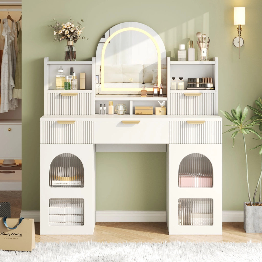TOLETTA con Specchio LED 120x40x139,5 cm Bianco con 3 Cassetti e 2 Ante in Vetro