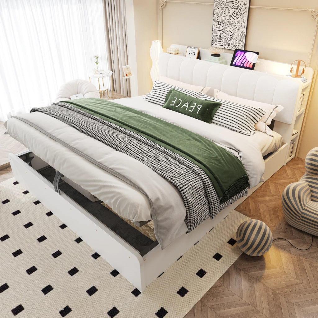 DESMIU Letto contenitore 180 × 200 cm 2 posti con testiera, USB, luce notturna e spazio, senza materasso, bianco