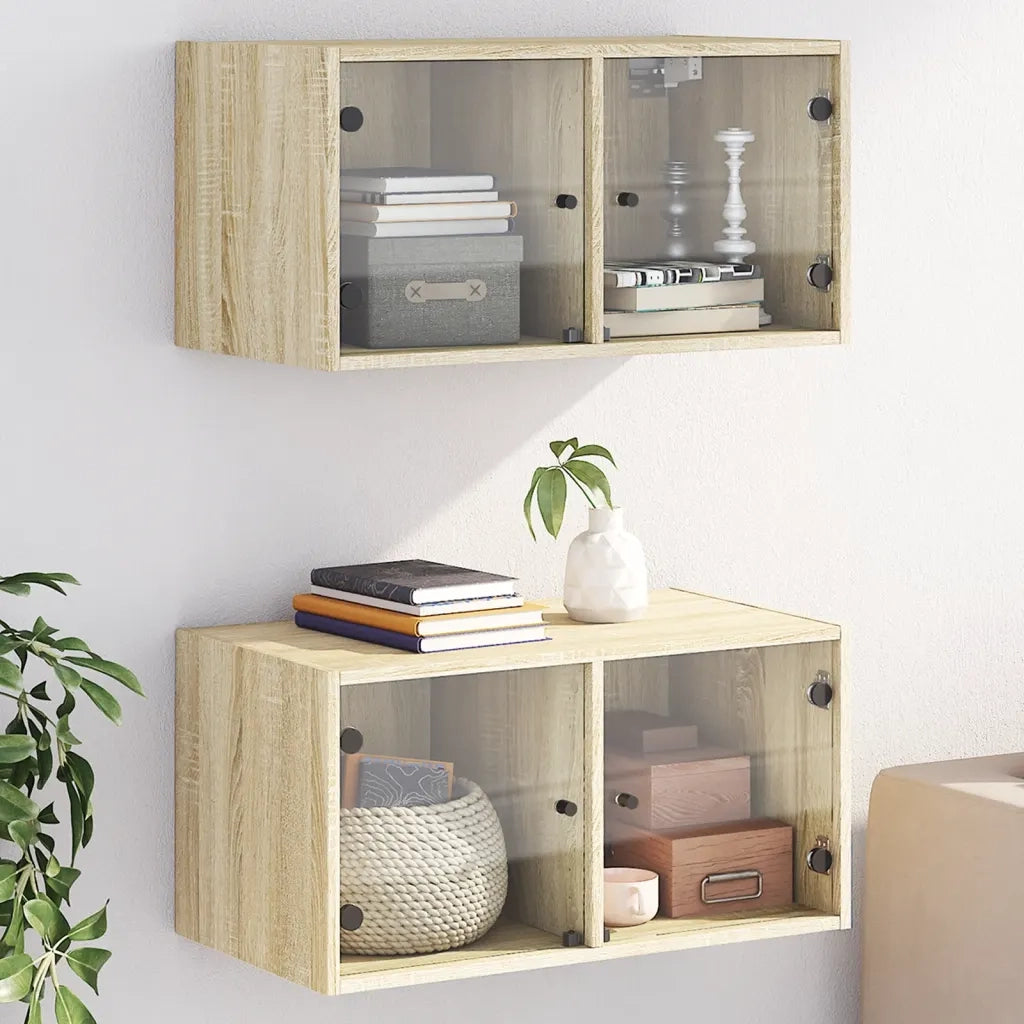 Armadietto a Muro | Mobili a Muro con Ante in Vetro 2 pz Rovere Sonoma 68,5x37x35 cm