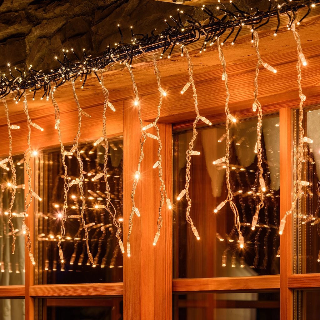 Tenda con maxiled bianco caldo o bianco freddo, cavo trasparente, prolungabile diverse misure - bianco-caldo - 3 M -.