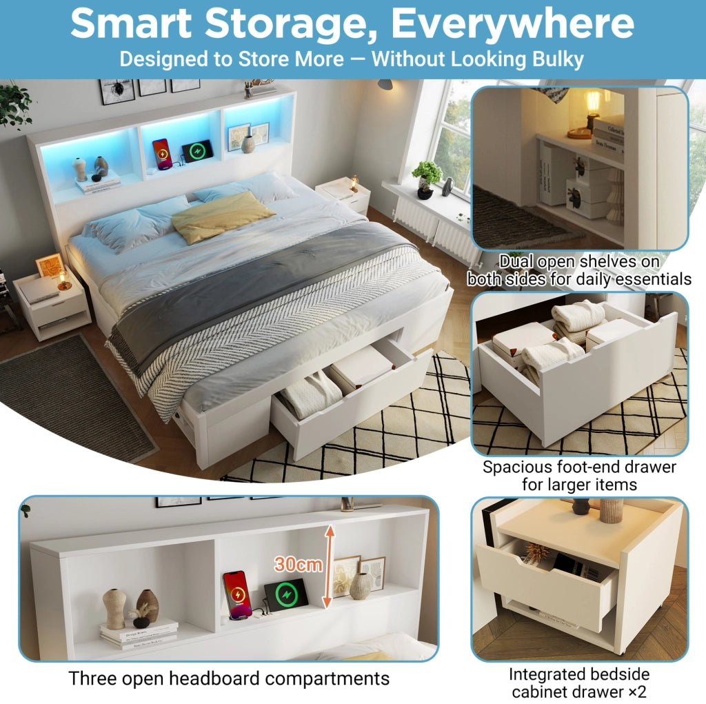 Letto matrimoniale 140x190 cm in legno bianco con LED; USB e 2 comodini mobili