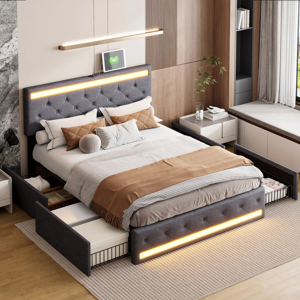 Letto matrimoniale contenitore 160x200 cm con testiera regolabile LED e porte USB struttura letto con 4 cassetti in legno lino grigio
