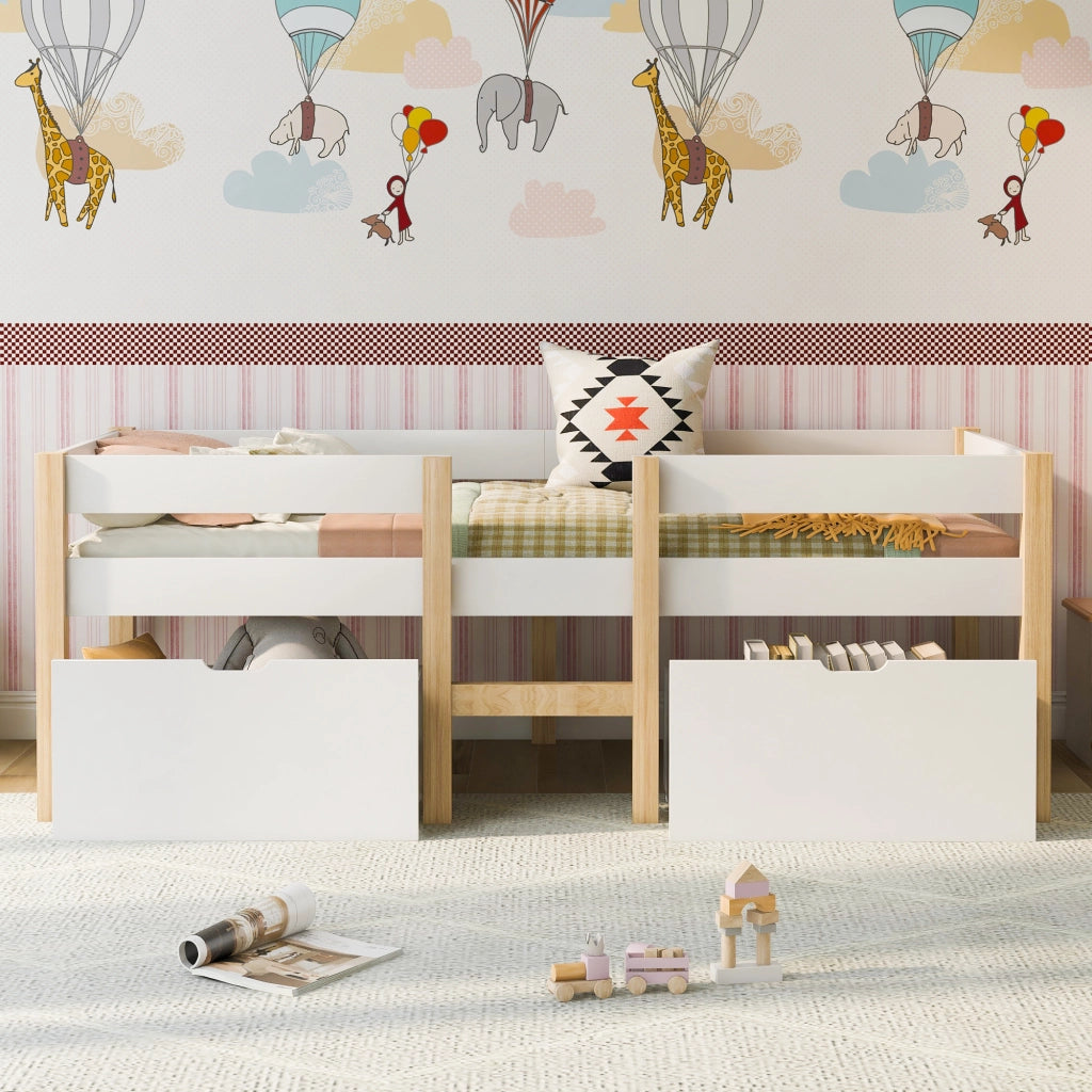 DESMIU Letto per bambini rialzato 1 posto con 2 cassetti e barriera 90 × 190 cm, senza materasso, legno massello bianco
