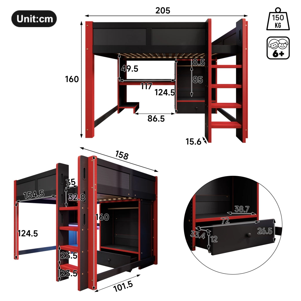 DESMIU Lit mezzanine 140 × 200 cm 1 posto con scrivania, armadio, LED, senza materasso, in legno, nero e rosso