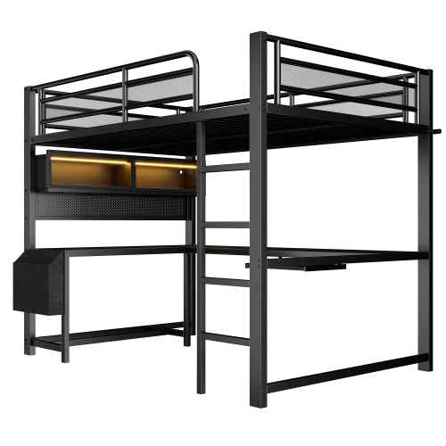 Letto a soppalco con scrivania 140x200 cm LEMONMAX, LED 7 colori, 2 prese e 2 USB, mensole, struttura in metallo, nero