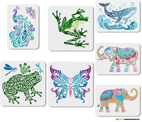 Set di stencil riciclabili 7 pezzi - farfalle/tartarughe - pittura - decorazione - plastica - inclusa spazzola per vernice - modello