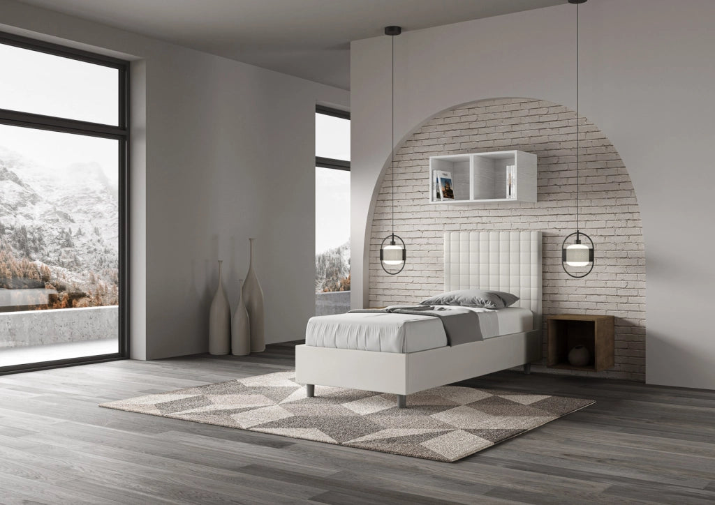 BS COM Letto singolo con rete imbottito 90x190 similpelle bianco
