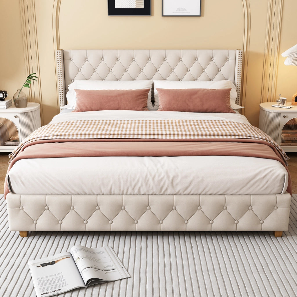 letto capitonné lino beige 140 x 190 cm