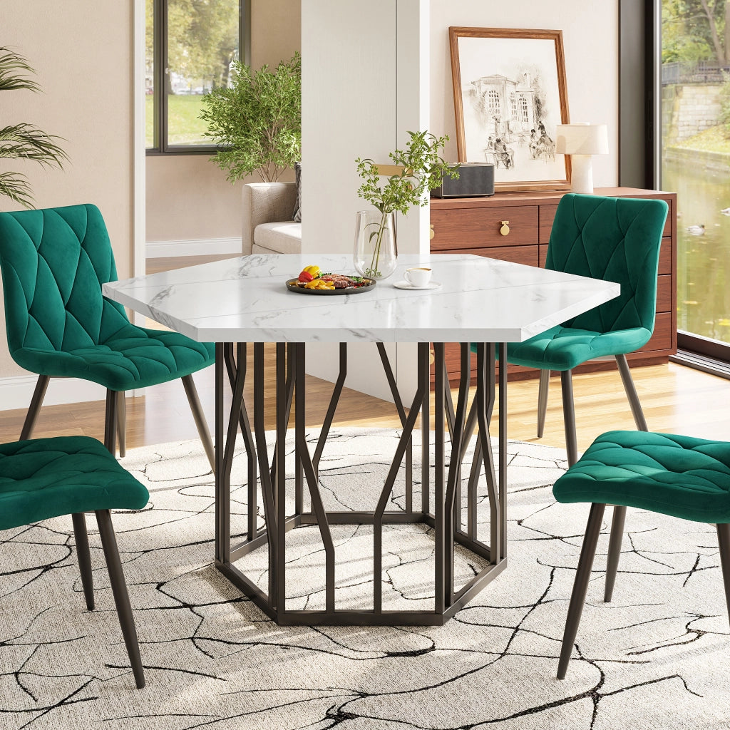 Tavolo da pranzo moderno esagonale con piano effetto marmo e base in metallo nero