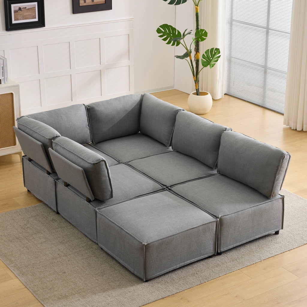 Divano Modulare 5 Posti con Legno ¨C MINIMAL ¨C Tessuto Grigio Chiaro