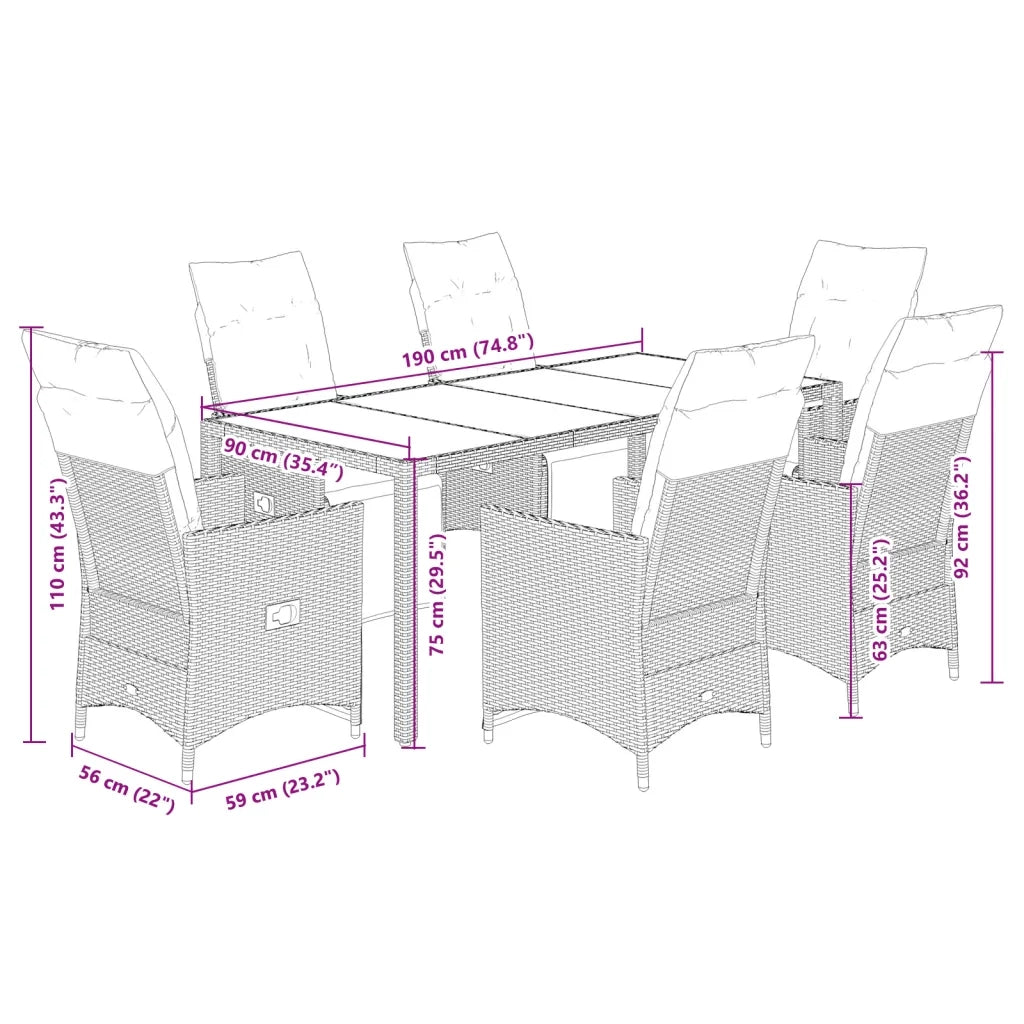 Set Bistrò da Giardino 7 pz con Cuscini in Polyrattan Grigio