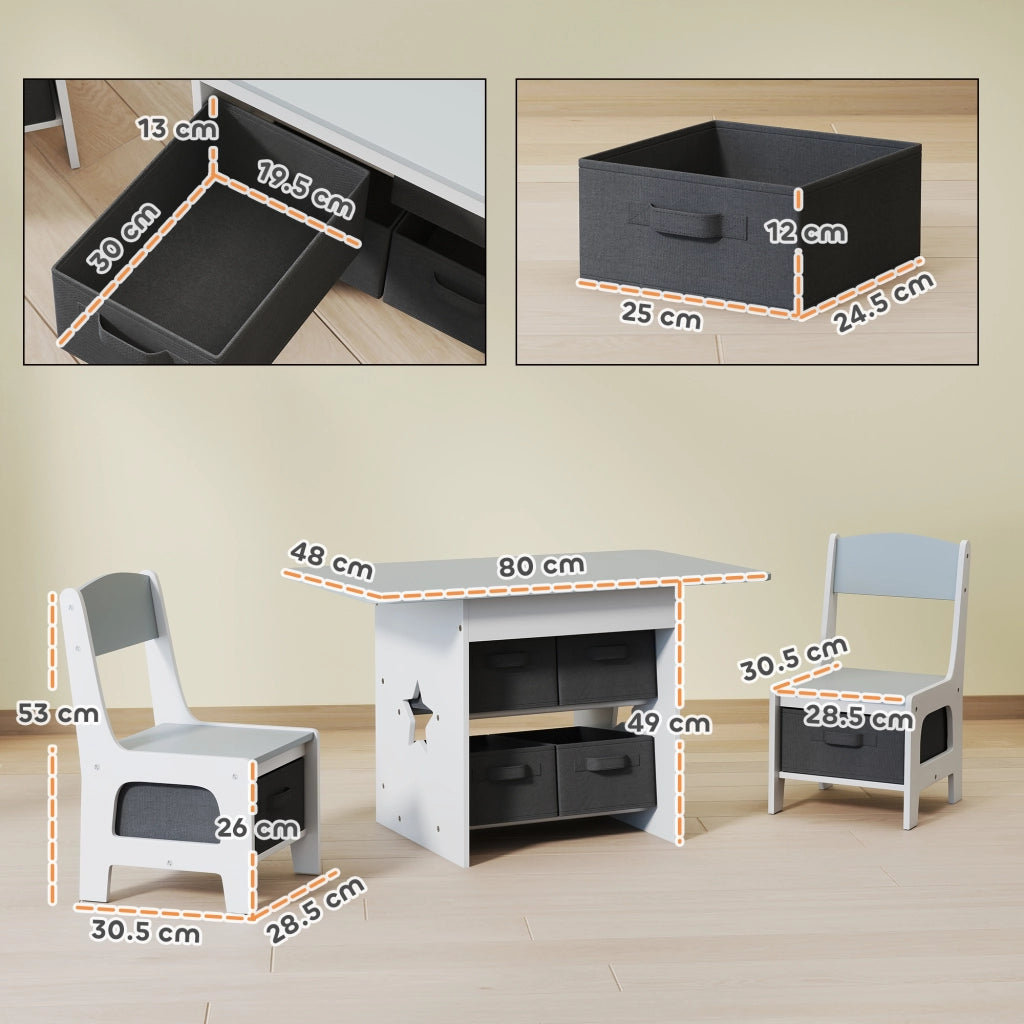 Set Tavolo e Sedie per Bambini 3-8 Anni con 6 Cassetti e Bordi Arrotondati in Legno e Tessuto Grigio e Bianco