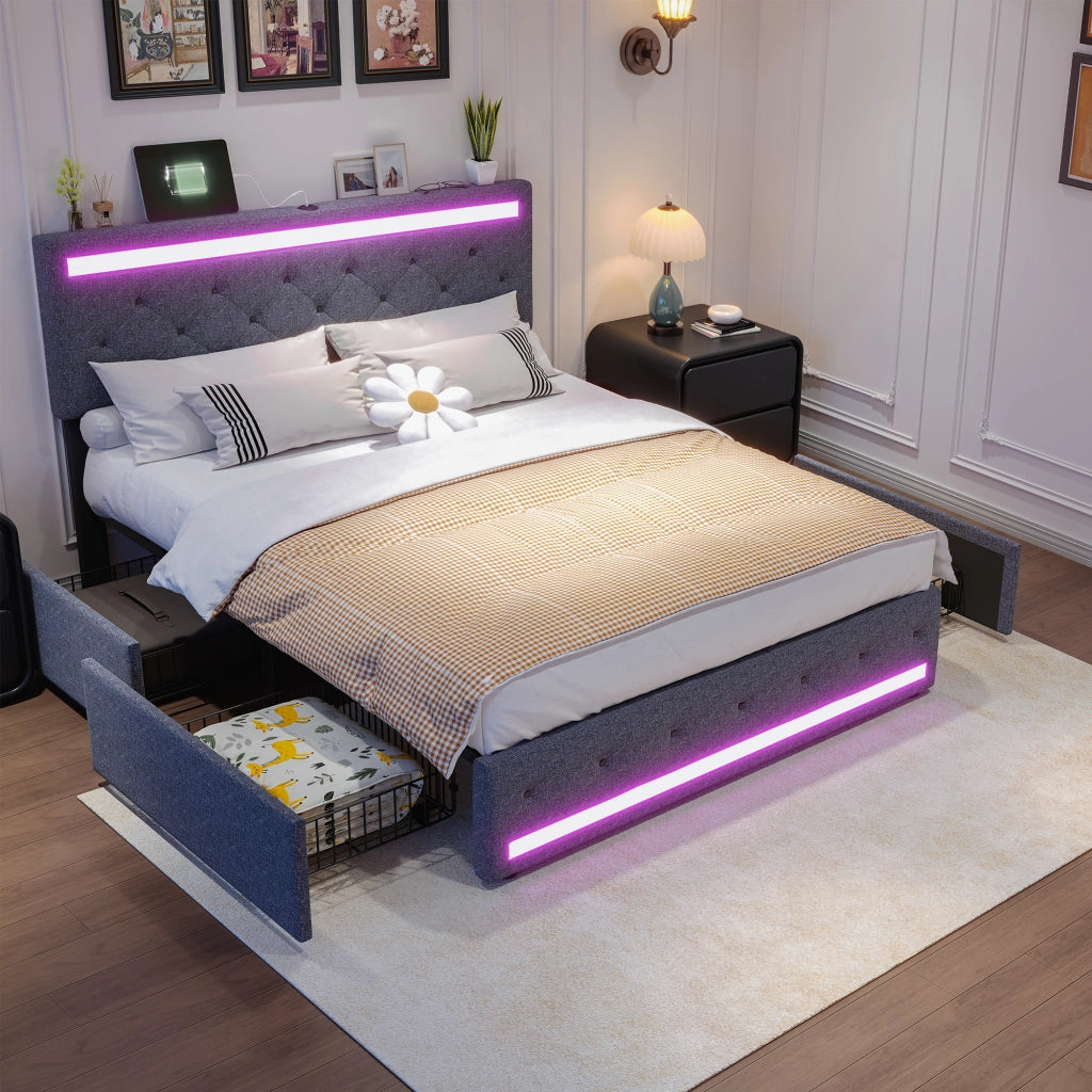 Letto matrimoniale contenitore 160x200 cm con testiera regolabile LED e porte USB struttura letto con 4 cassetti in legno lino grigio