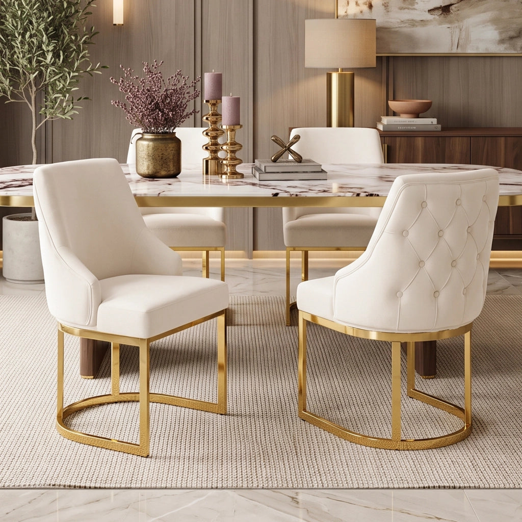 4 sedie da pranzo in velluto beige e oro, stile moderno, gambe in metallo galvanizzato