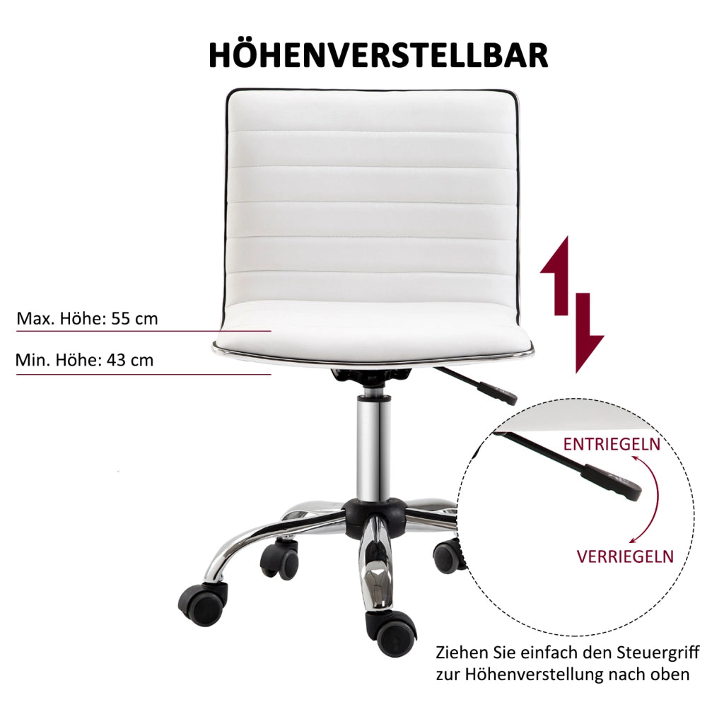 Sedia da ufficio senza braccioli, altezza regolabile 78-90 cm, sedia cosmetica con schienale, portata massima 120 kg, in pelle, bianca