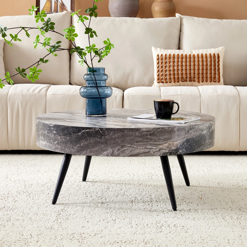 Tavolino rotondo da caff¨¨ con diametro di 70 cm in MDF effetto marmo grigio e gambe in metallo nero. Design minimalista, ideale per soggiorni e piccol