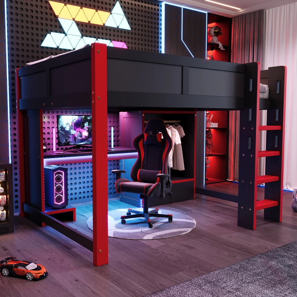 DESMIU Lit mezzanine 140 × 200 cm 1 posto con scrivania, armadio, LED, senza materasso, in legno, nero e rosso