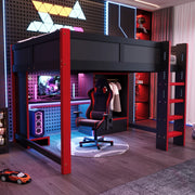 DESMIU Lit mezzanine 140 × 200 cm 1 posto con scrivania, armadio, LED, senza materasso, in legno, nero e rosso