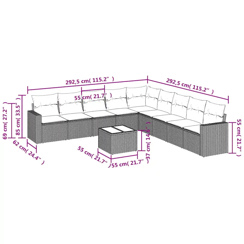 Set Divani da Giardino 10pz con Cuscini in Polyrattan Marrone