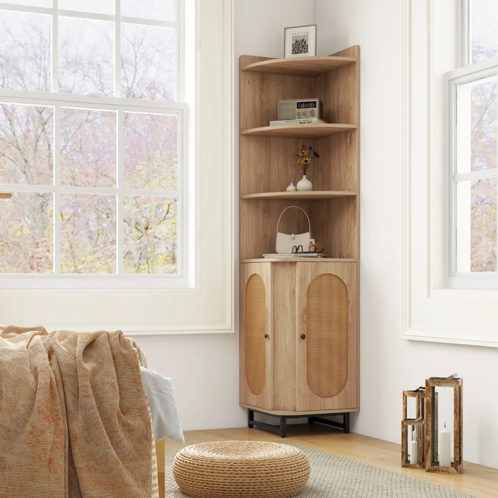 Armadio angolare in rattan PE con 2 porte e 4 scomparti aperti, Libreria angolare alta 172cm bagno soggiorno